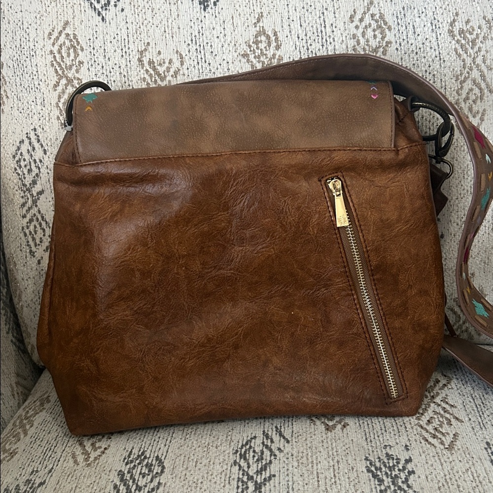 Brown Boho Embroidered Leather-Style Crossbody Bag - Picture 2 of 10